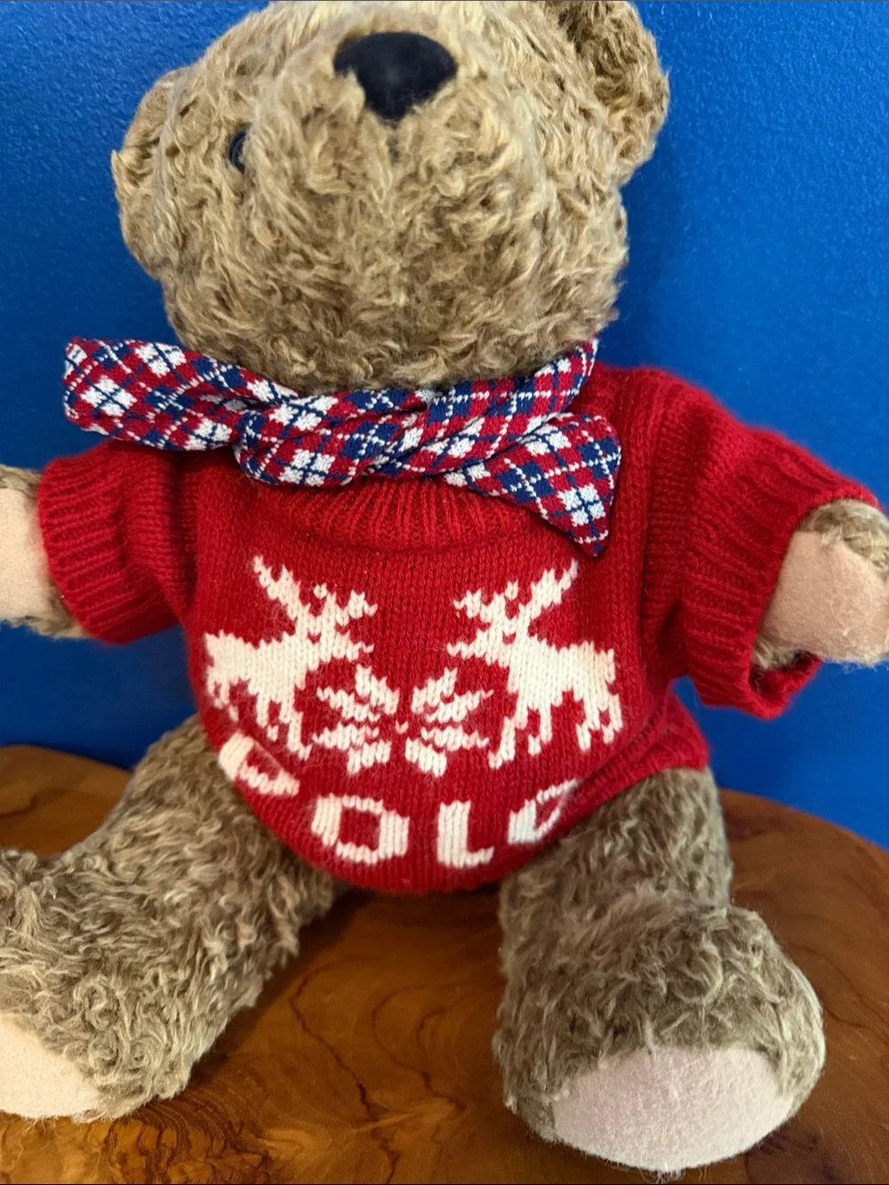 Vintage 1998 Polo by Ralph Lauren Brown Bear with Red Sweater and Plaid Bow 12”